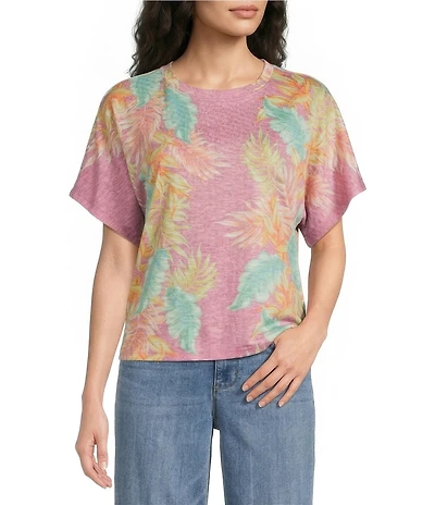 Democracy Knit Floral Scoop Neck Short Dolman Sleeve Top