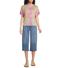 Democracy Knit Floral Scoop Neck Short Dolman Sleeve Top