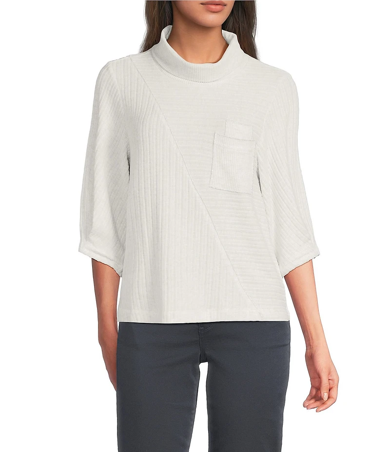 Democracy Knit Mock Neck Pleated Elbow Sleeve Chest Pocket Top