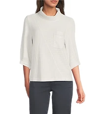 Democracy Knit Mock Neck Pleated Elbow Sleeve Chest Pocket Top