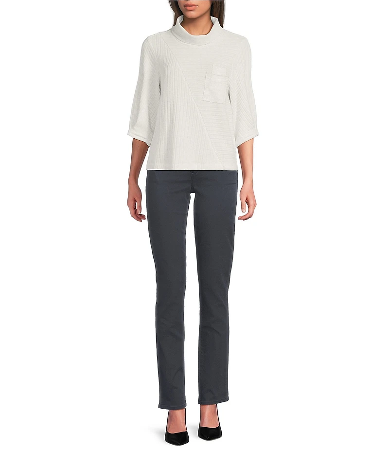 Democracy Knit Mock Neck Pleated Elbow Sleeve Chest Pocket Top