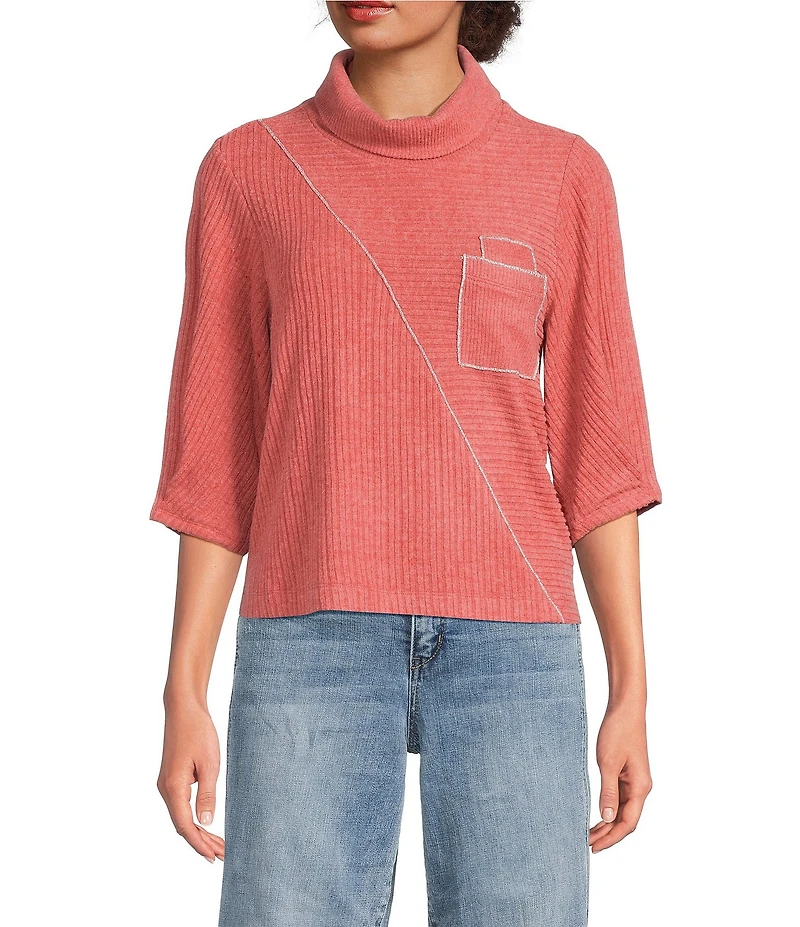 Democracy Knit Mock Neck Pleated Elbow Sleeve Chest Pocket Top