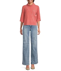 Democracy Knit Mock Neck Pleated Elbow Sleeve Chest Pocket Top