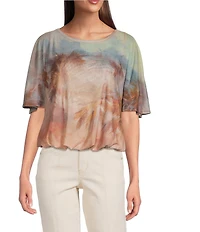 Democracy Knit Palm Tree Scoop Neck Short Flutter Sleeve Bubble Hem Top