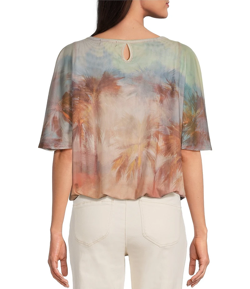 Democracy Knit Palm Tree Scoop Neck Short Flutter Sleeve Bubble Hem Top