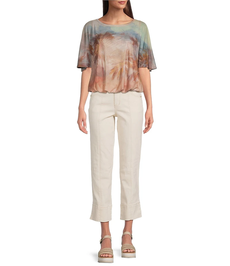 Democracy Knit Palm Tree Scoop Neck Short Flutter Sleeve Bubble Hem Top
