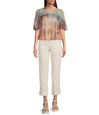 Democracy Knit Palm Tree Scoop Neck Short Flutter Sleeve Bubble Hem Top