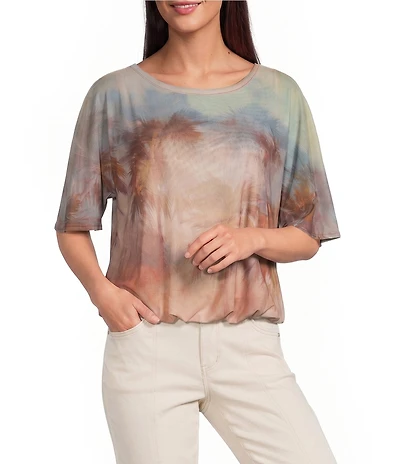 Democracy Knit Palm Tree Scoop Neck Short Flutter Sleeve Bubble Hem Top