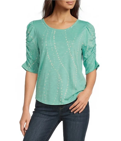 Democracy Knit Printed Scoop Neck Elbow Sleeve Top