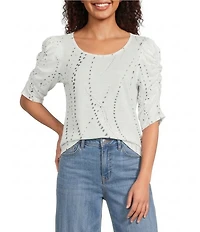Democracy Knit Printed Scoop Neck Elbow Sleeve Top