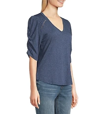 Democracy Knit Scallop V-Neck Elbow Ruched Sleeve Crochet Detail Top