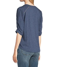 Democracy Knit Scallop V-Neck Elbow Ruched Sleeve Crochet Detail Top
