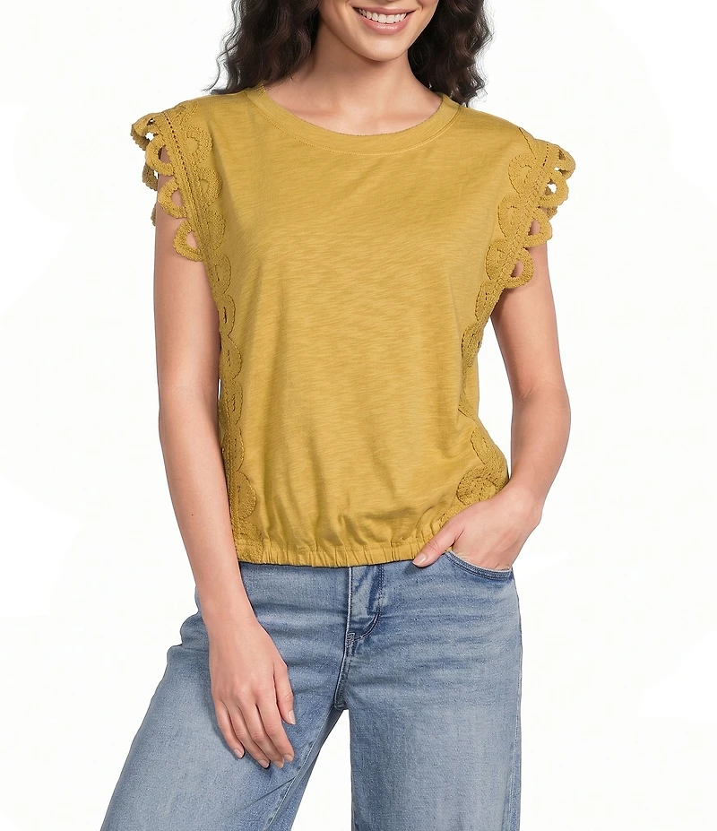 Democracy Knit Scoop Neck Scalloped Crochet Cap Sleeve Bubble Hem Top