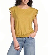 Democracy Knit Scoop Neck Scalloped Crochet Cap Sleeve Bubble Hem Top