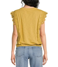 Democracy Knit Scoop Neck Scalloped Crochet Cap Sleeve Bubble Hem Top