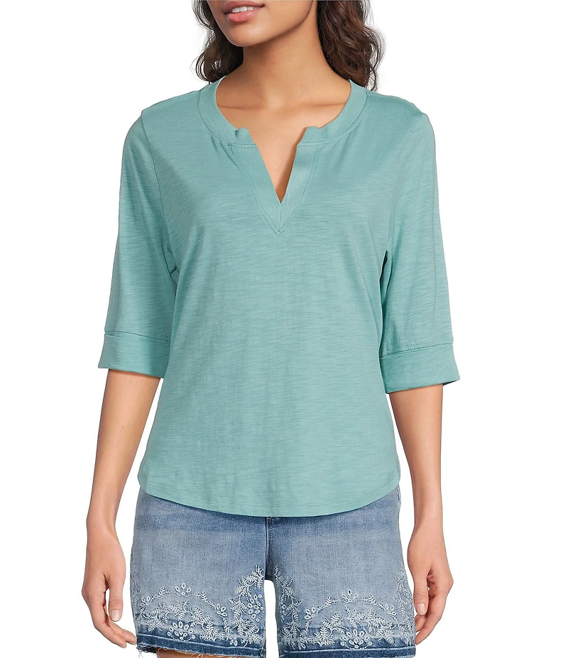 Democracy Knit Split V-Neck Elbow Sleeve Top