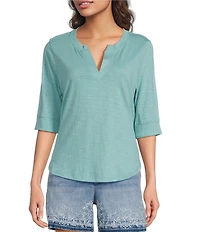Democracy Knit Split V-Neck Elbow Sleeve Top