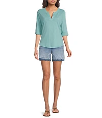 Democracy Knit Split V-Neck Elbow Sleeve Top