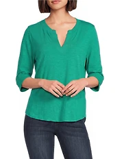 Democracy Knit Split V-Neck Elbow Sleeve Top