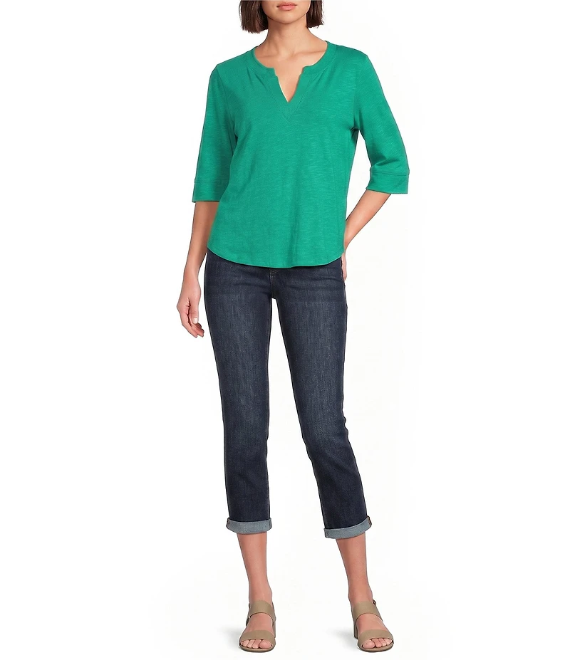 Democracy Knit Split V-Neck Elbow Sleeve Top