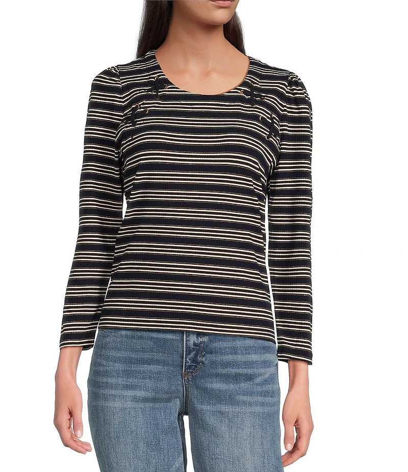 Democracy Knit Stripe Lace up Yoke Detail Scoop Neck 3/4 Sleeve Top