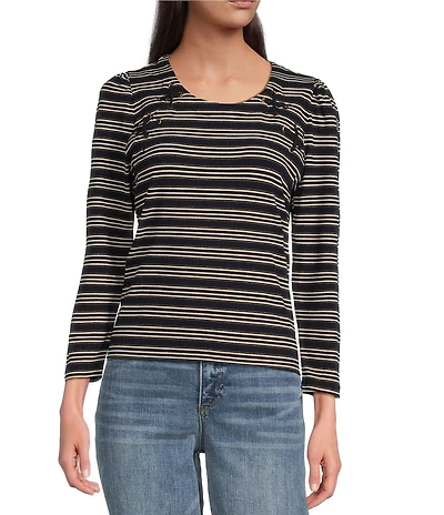 Democracy Knit Stripe Lace up Yoke Detail Scoop Neck 3/4 Sleeve Top