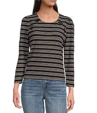 Democracy Knit Stripe Lace up Yoke Detail Scoop Neck 3/4 Sleeve Top