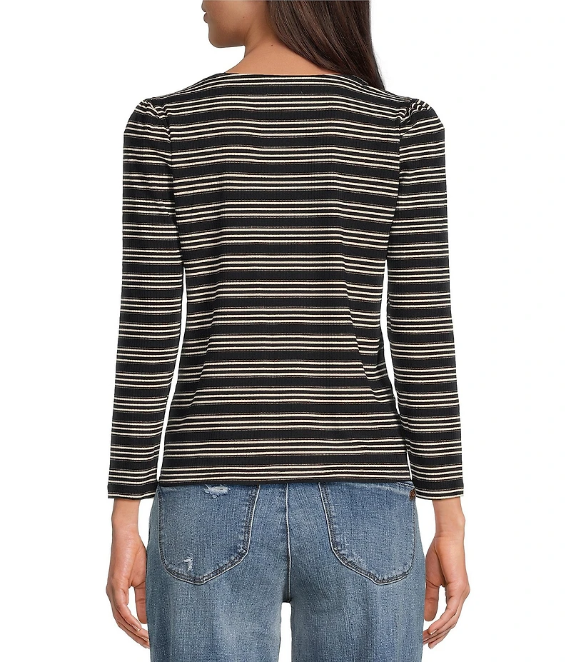 Democracy Knit Stripe Lace up Yoke Detail Scoop Neck 3/4 Sleeve Top