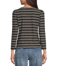 Democracy Knit Stripe Lace up Yoke Detail Scoop Neck 3/4 Sleeve Top
