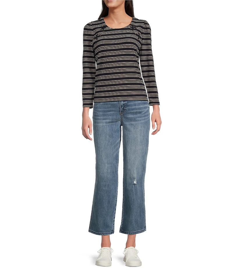 Democracy Knit Stripe Lace up Yoke Detail Scoop Neck 3/4 Sleeve Top