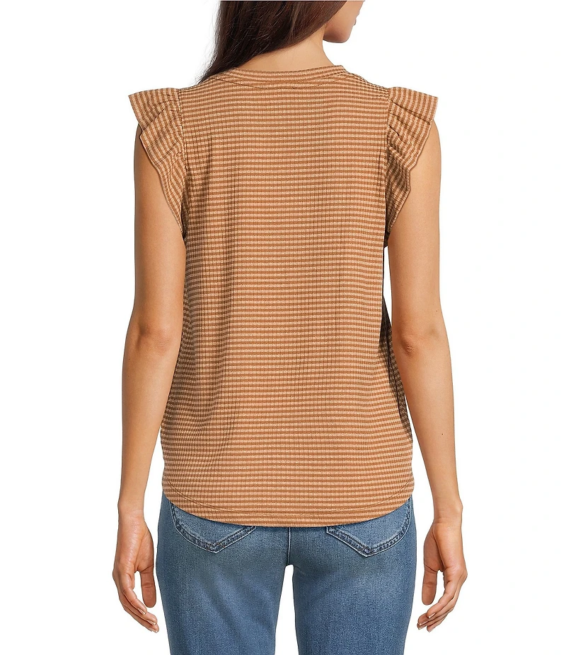 Democracy Lurex Stripe Crew Neck Ruffle Cap Sleeve Knit Top