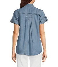 Democracy Lyocell Point Collar Ruched Short Sleeve Pleated Shirt