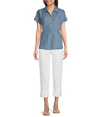 Democracy Lyocell Point Collar Ruched Short Sleeve Pleated Shirt