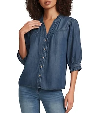 Democracy Lyocell Split V-Neck Elbow Sleeve Crochet Inset Woven Top