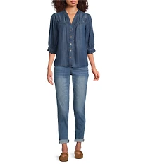 Democracy Lyocell Split V-Neck Elbow Sleeve Crochet Inset Woven Top