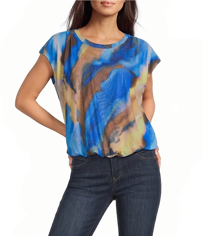 Democracy Mesh Abstract Water Color Scoop Neck Cap Sleeve Pleated Bubble Hem Top
