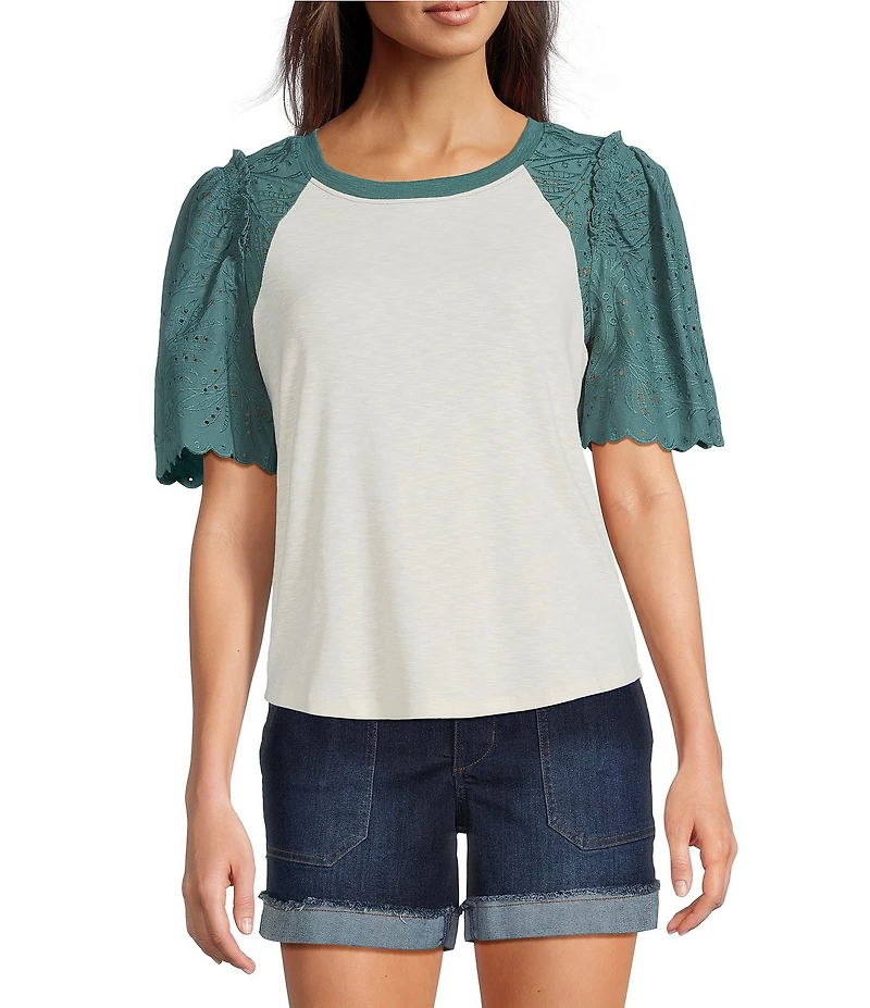 Democracy Mix-Media Scoop Neck Embroidered Elbow Puff Sleeve Top