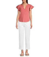Democracy Mix-Media Split V-Neck Cap Sleeve Shirttail Hem Knit Top