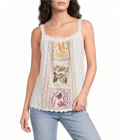Democracy Mixed Media Embroidered Ruched Square Neck Sleeveless Scalloped Lace Hem Tank Top