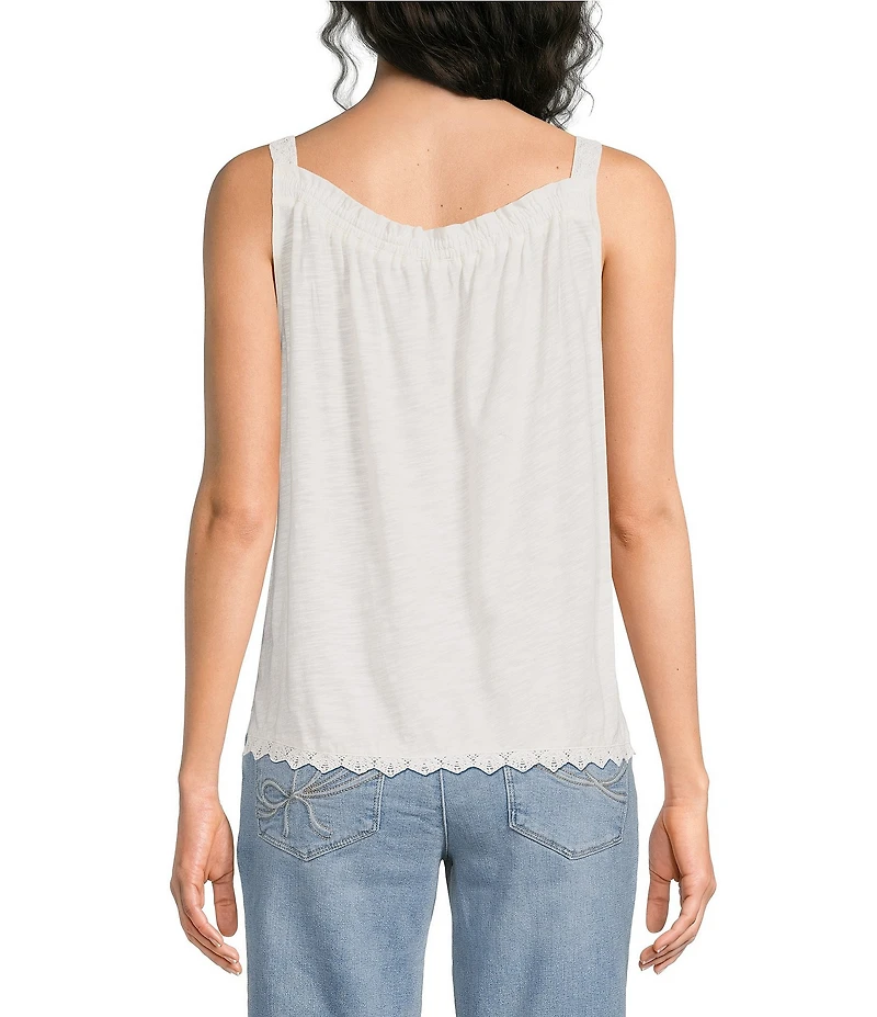 Democracy Mixed Media Embroidered Ruched Square Neck Sleeveless Scalloped Lace Hem Tank Top