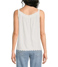 Democracy Mixed Media Embroidered Ruched Square Neck Sleeveless Scalloped Lace Hem Tank Top