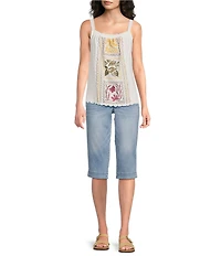 Democracy Mixed Media Embroidered Ruched Square Neck Sleeveless Scalloped Lace Hem Tank Top