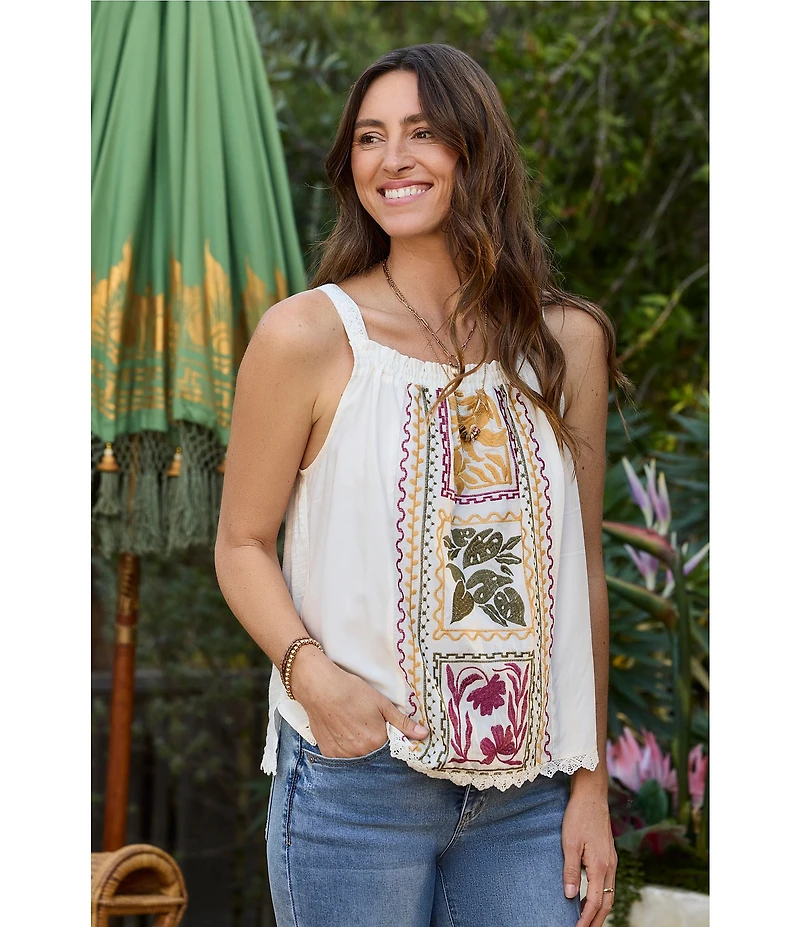 Democracy Mixed Media Embroidered Ruched Square Neck Sleeveless Scalloped Lace Hem Tank Top