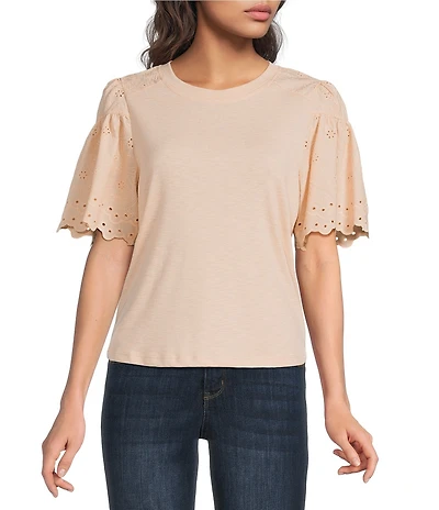 Democracy Mixed-Media Embroidered Short Sleeve Knit Top