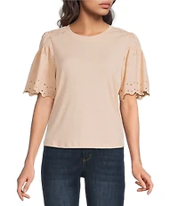 Democracy Mixed-Media Embroidered Short Sleeve Knit Top