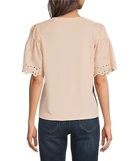 Democracy Mixed-Media Embroidered Short Sleeve Knit Top