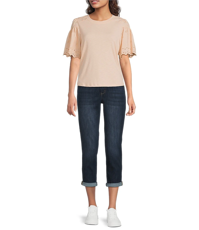 Democracy Mixed-Media Embroidered Short Sleeve Knit Top