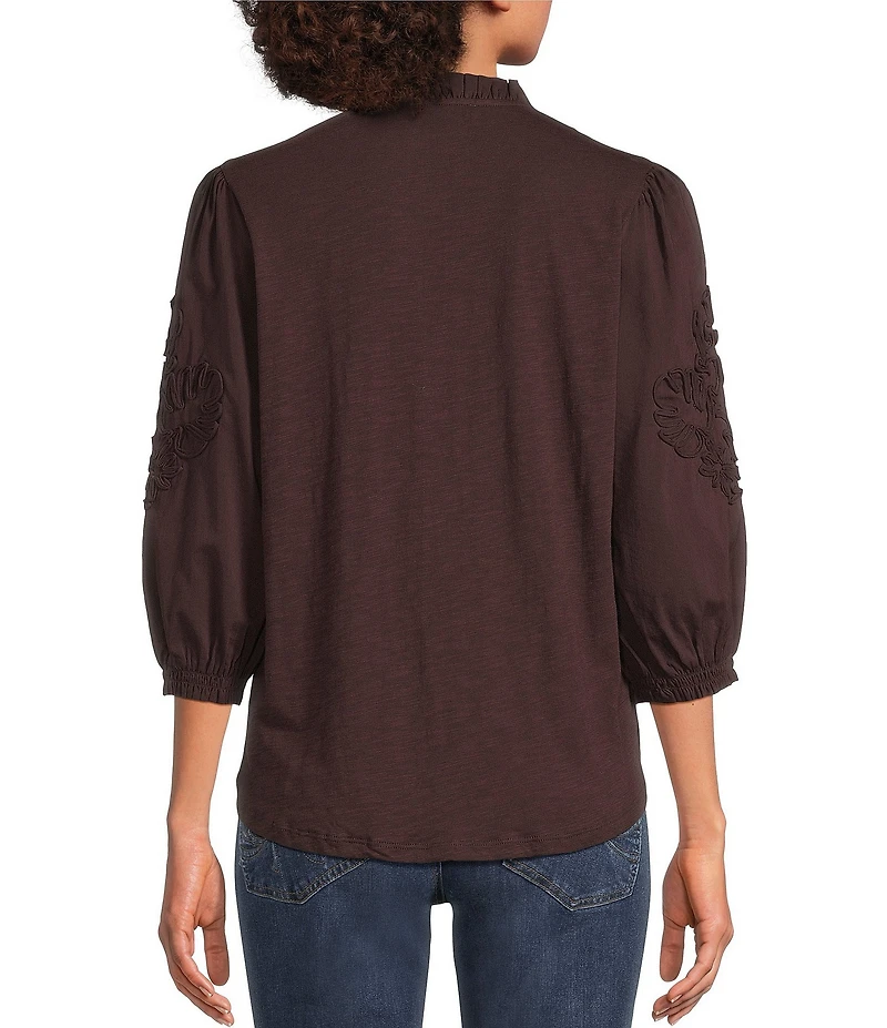 Democracy Mixed Media Embroidered Soutache Ruffle Split V-Neck 3/4 Blouson Sleeve Top