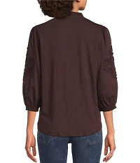 Democracy Mixed Media Embroidered Soutache Ruffle Split V-Neck 3/4 Blouson Sleeve Top