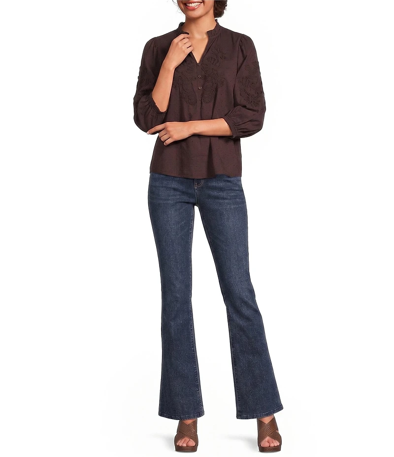 Democracy Mixed Media Embroidered Soutache Ruffle Split V-Neck 3/4 Blouson Sleeve Top